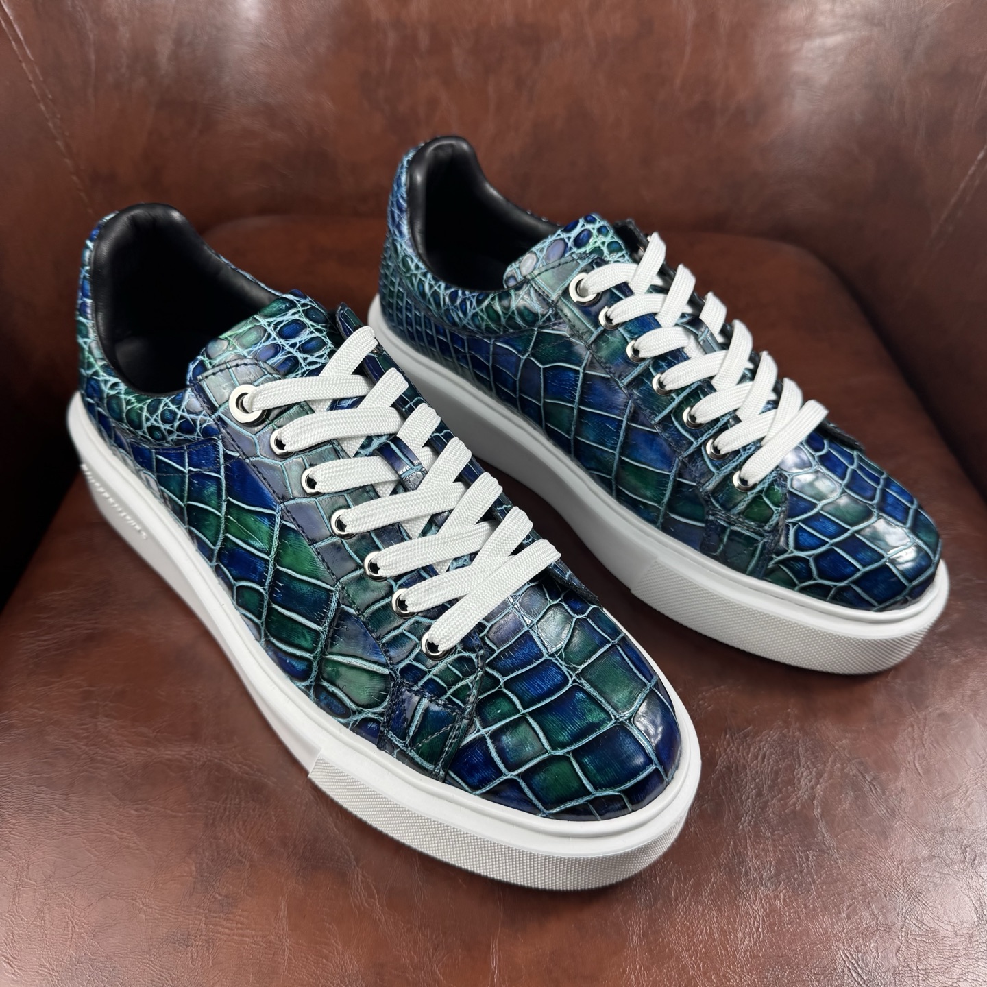 Crocodile Leather Iridescent Blue Green Low-Top Sneakers BCS001 image 2