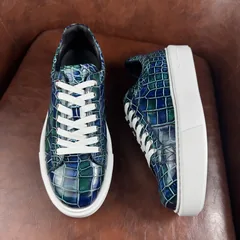 Crocodile Leather Iridescent Blue Green Low-Top Sneakers BCS001 image 3