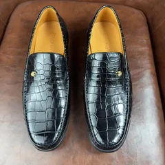Crocodile Leather Black Gold Accent Loafers BCS003 image 1