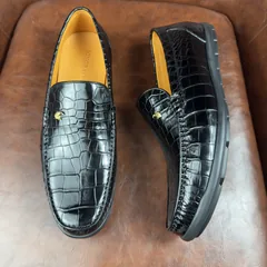 Crocodile Leather Black Gold Accent Loafers BCS003 image 2