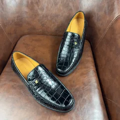 Crocodile Leather Black Gold Accent Loafers BCS003 image 4
