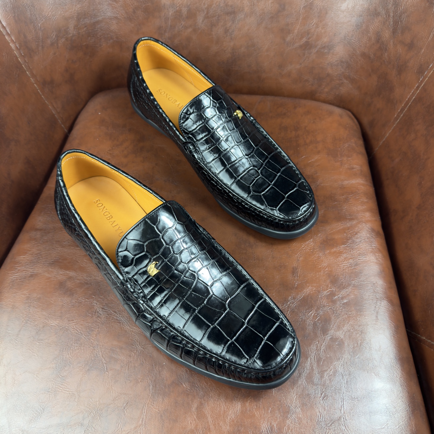 Crocodile Leather Black Gold Accent Loafers BCS003 photo 5