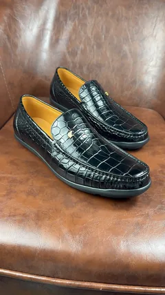 Crocodile Leather Black Gold Accent Loafers BCS003 image 6