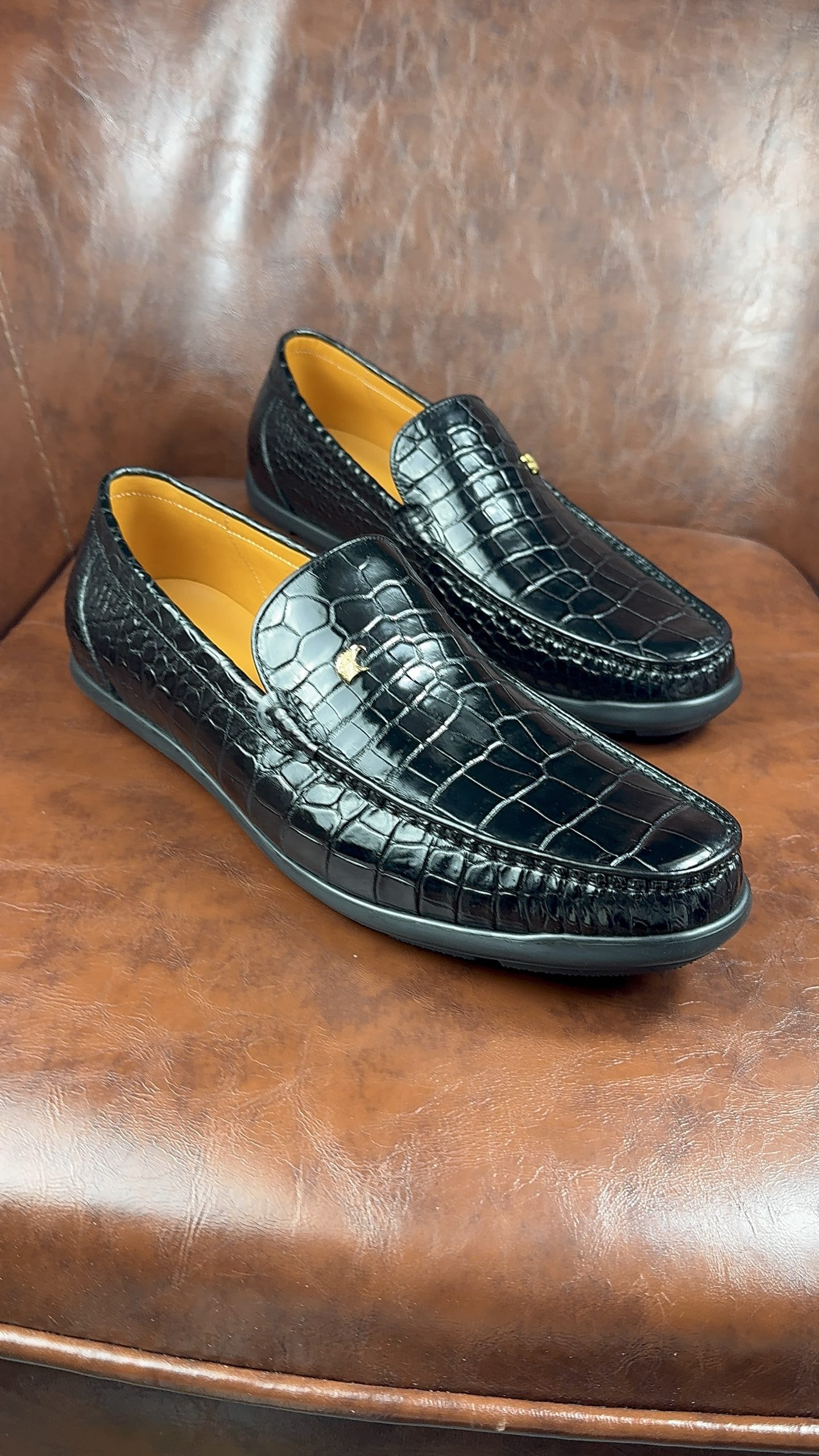 Crocodile Leather Black Gold Accent Loafers BCS003 photo 6