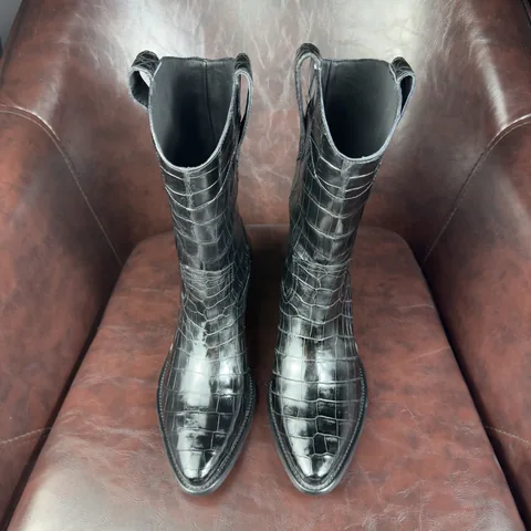 Crocodile Leather Women's Black Pointed-Toe Western Boots BCS006