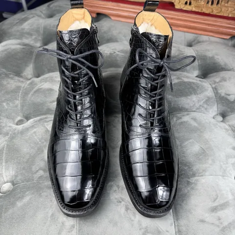 Crocodile Leather Men's Black Wool-Lined Lace-Up Ankle Boots BCS008