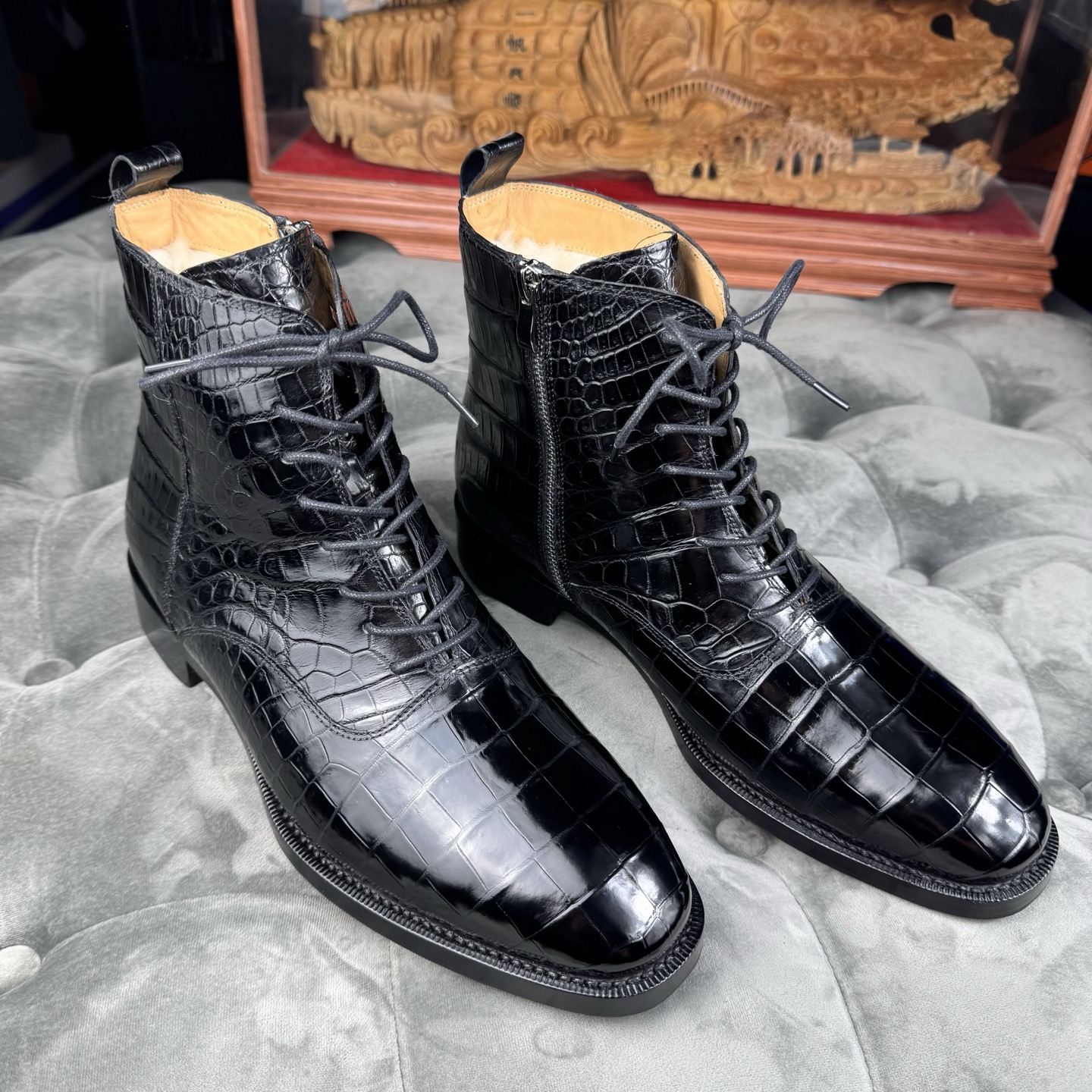 Crocodile Leather Men's Black Wool-Lined Lace-Up Ankle Boots BCS008 photo 2