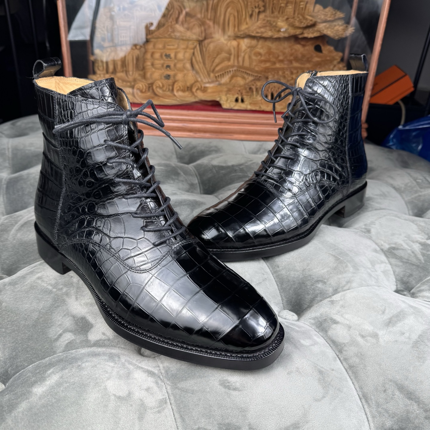 Crocodile Leather Men's Black Wool-Lined Lace-Up Ankle Boots BCS008 photo 4
