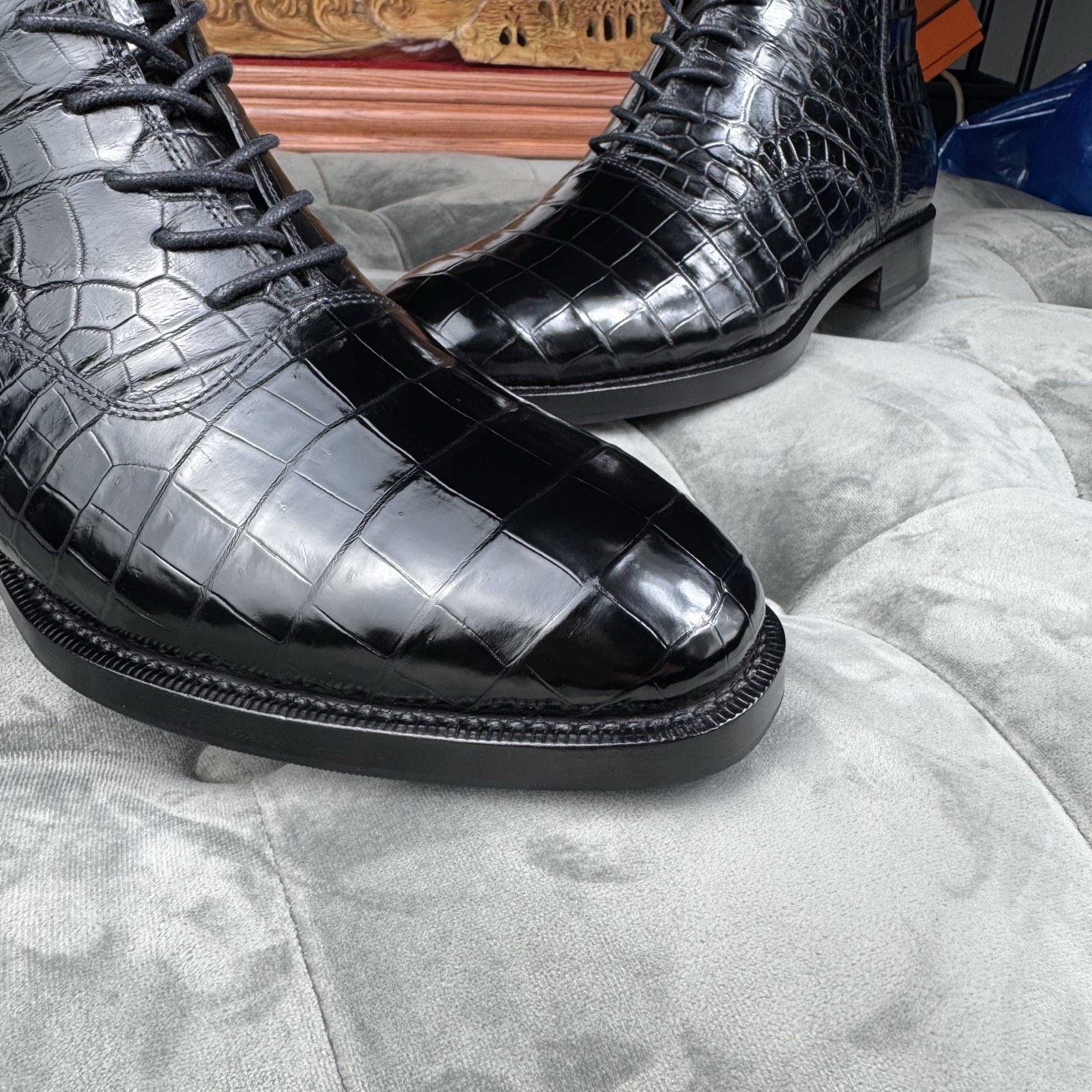 Crocodile Leather Men's Black Wool-Lined Lace-Up Ankle Boots BCS008 photo 5