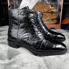 Crocodile Leather Men's Black Wool-Lined Lace-Up Ankle Boots BCS008 image 6