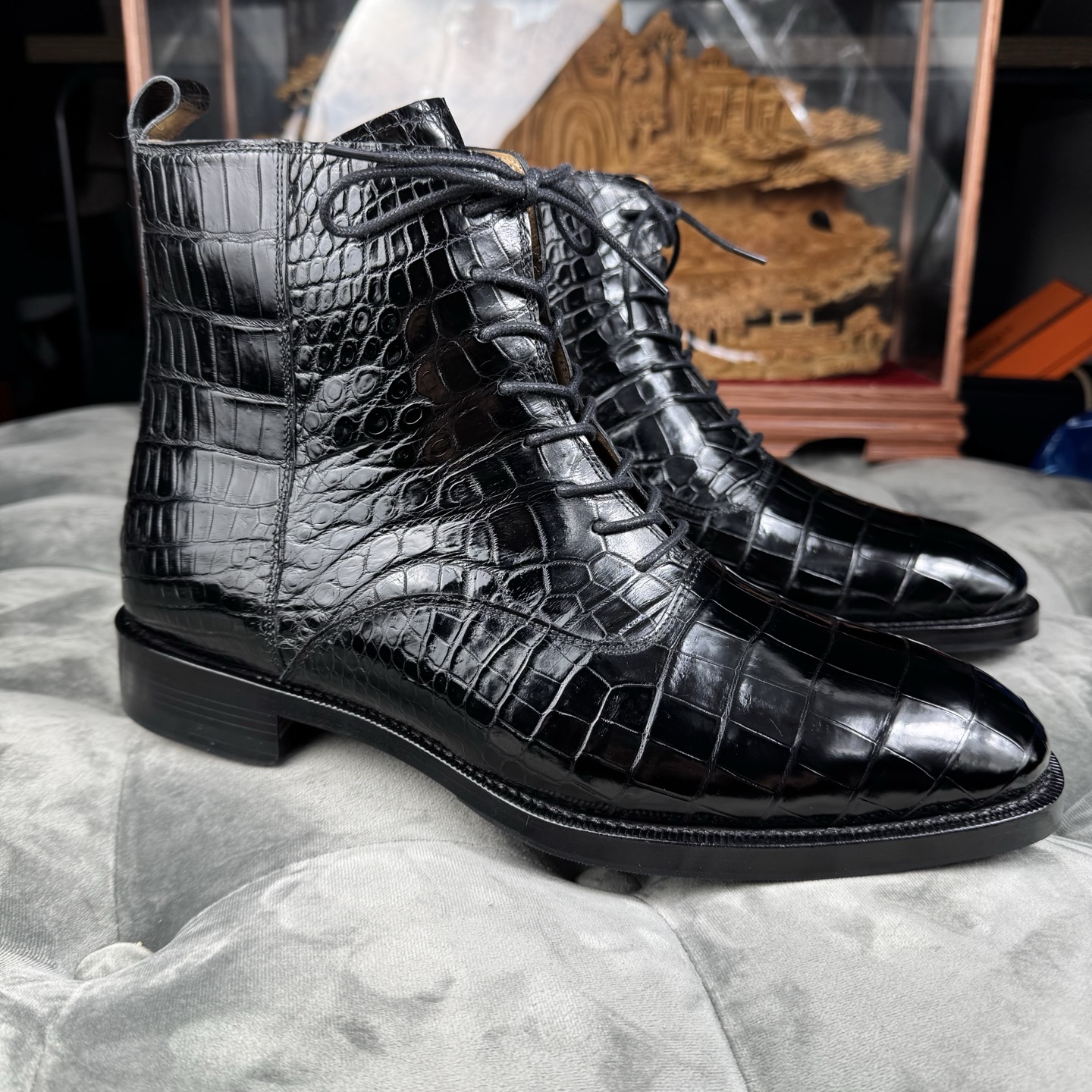Crocodile Leather Men's Black Wool-Lined Lace-Up Ankle Boots BCS008 photo 6