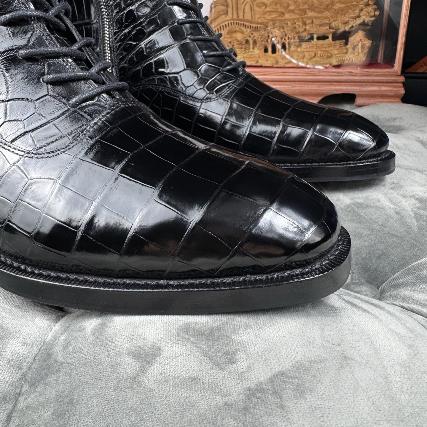 Crocodile Leather Men's Black Wool-Lined Lace-Up Ankle Boots BCS008 photo 7