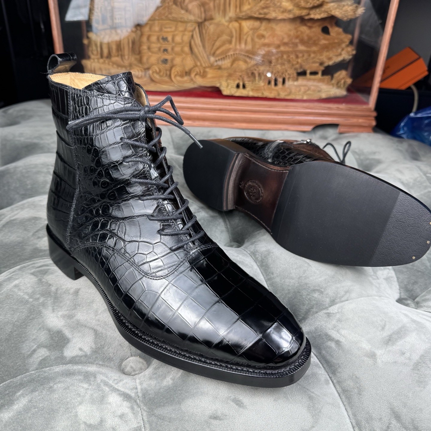 Crocodile Leather Men's Black Wool-Lined Lace-Up Ankle Boots BCS008 photo 8