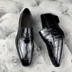 Crocodile Leather Black Dress Loafers BCS009 image 2