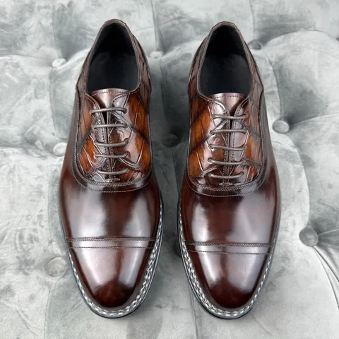 Crocodile Leather and Horsehide Brown Norwegian Welt Oxford Shoes BCS010