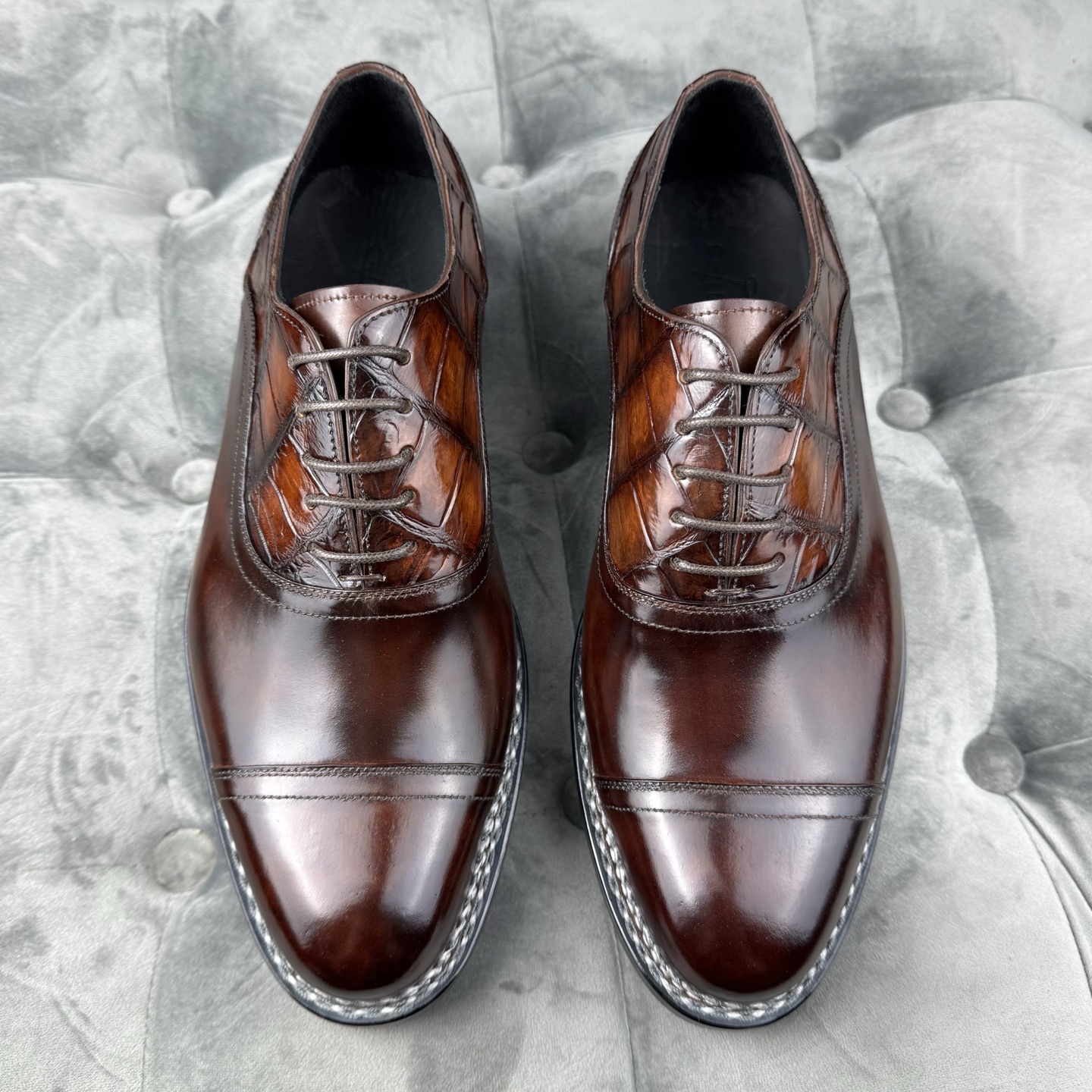 Crocodile Leather and Horsehide Brown Norwegian Welt Oxford Shoes BCS010