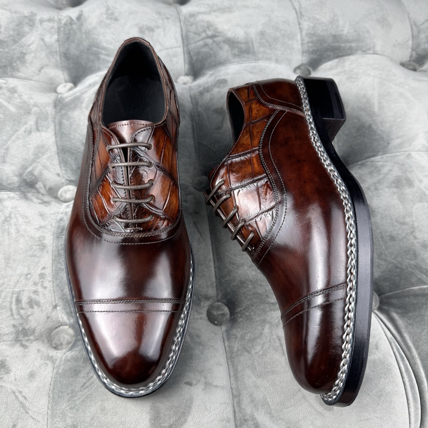 Crocodile Leather and Horsehide Brown Norwegian Welt Oxford Shoes BCS010 image 2