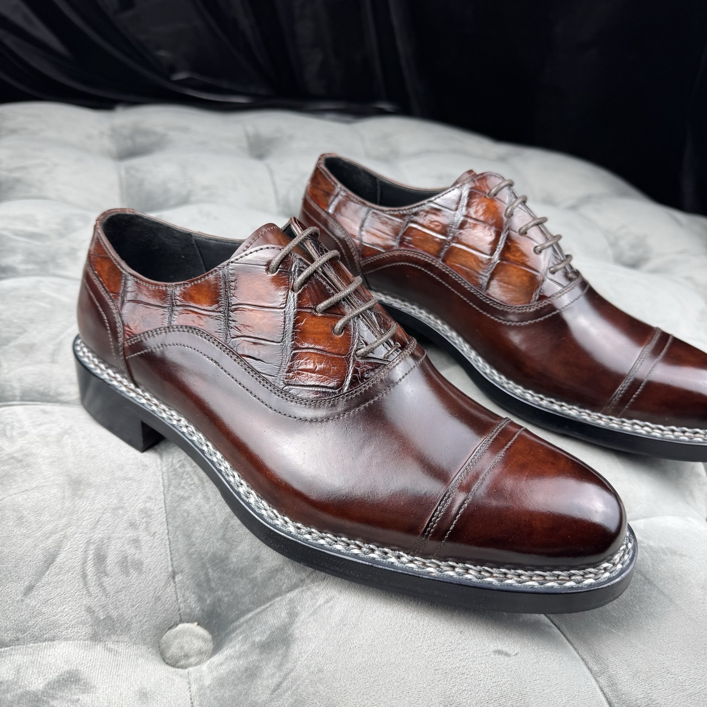 Crocodile Leather and Horsehide Brown Norwegian Welt Oxford Shoes BCS010 image 4