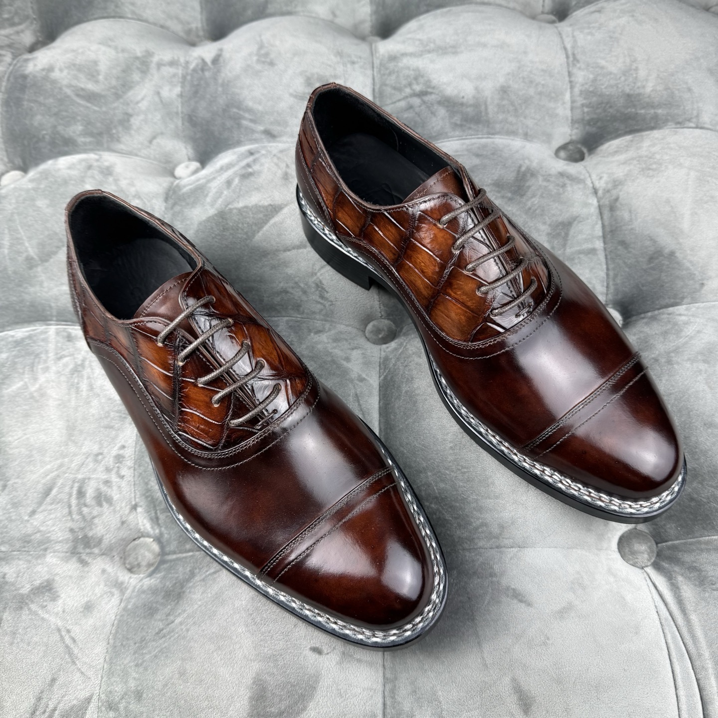 Crocodile Leather and Horsehide Brown Norwegian Welt Oxford Shoes BCS010 image 6