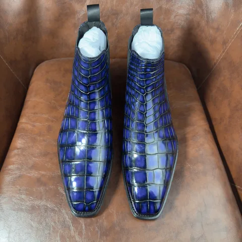 Crocodile Leather Men's Iridescent Royal Blue Chelsea Boots BXS001