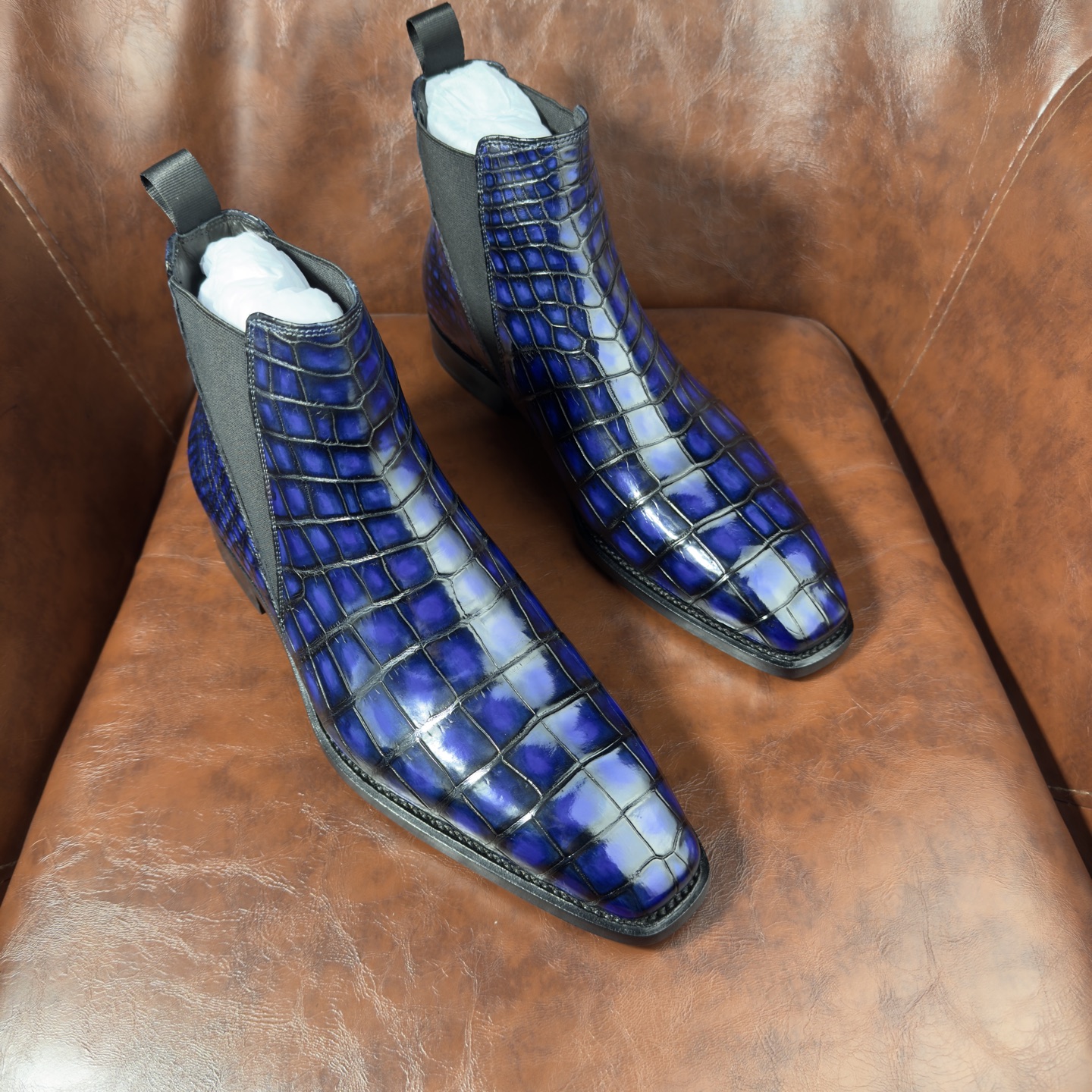 Crocodile Leather Men's Iridescent Royal Blue Chelsea Boots BXS001 image 2