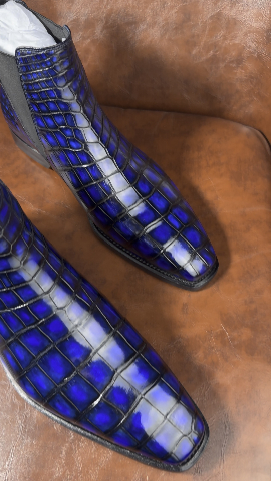 Crocodile Leather Men's Iridescent Royal Blue Chelsea Boots BXS001 image 11