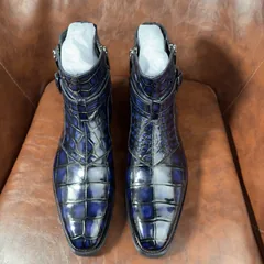 Crocodile Leather Men's Iridescent Navy Blue Buckle-Strap Ankle Boots BXS002 image 1