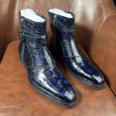 Crocodile Leather Men's Iridescent Navy Blue Buckle-Strap Ankle Boots BXS002 image 2