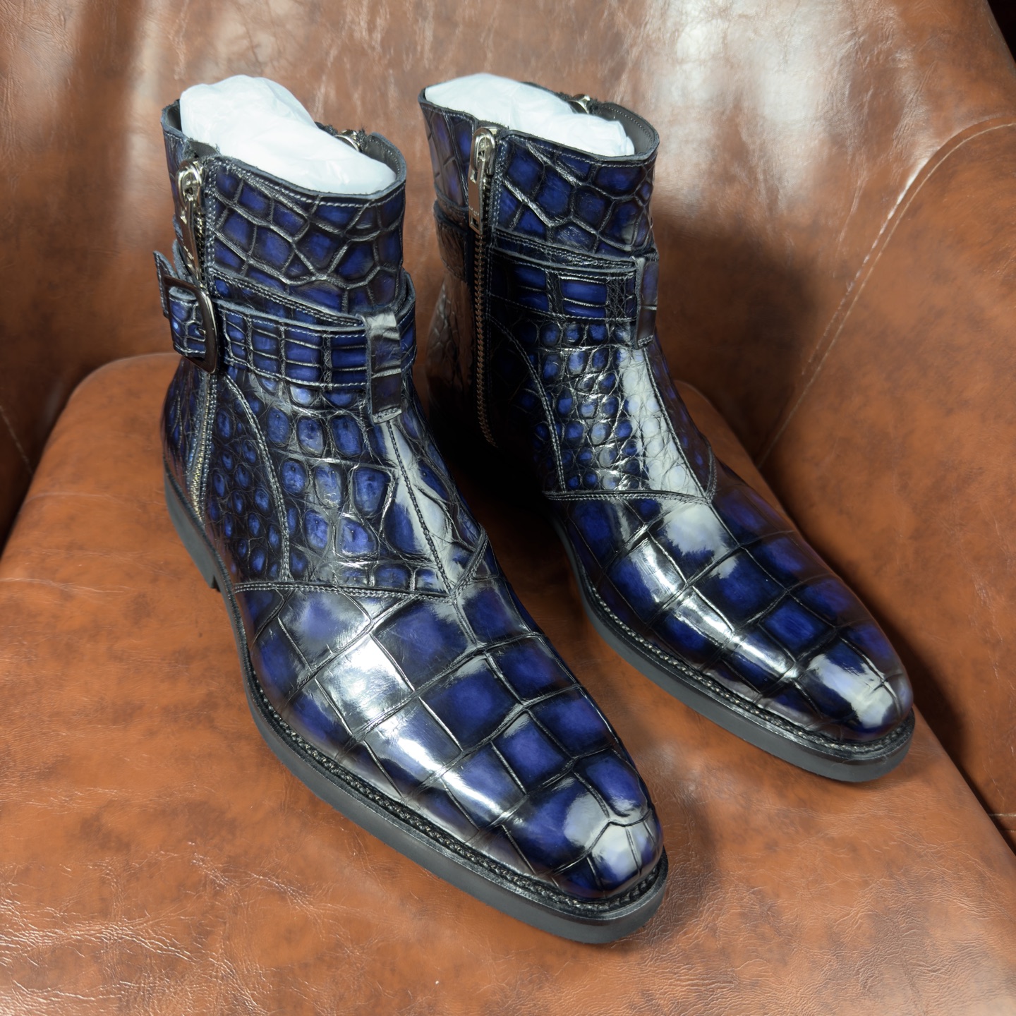Crocodile Leather Men's Iridescent Navy Blue Buckle-Strap Ankle Boots BXS002 photo 2