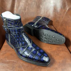 Crocodile Leather Men's Iridescent Navy Blue Buckle-Strap Ankle Boots BXS002 image 3