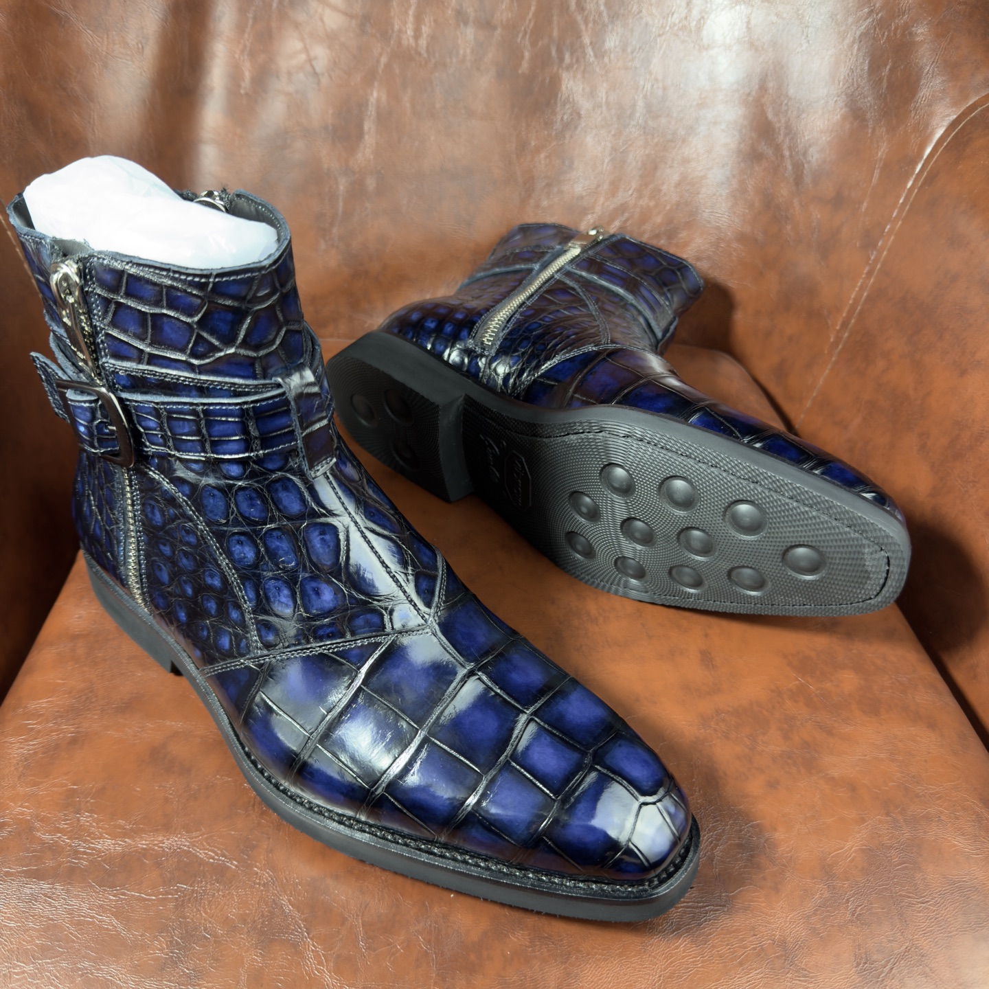 Crocodile Leather Men's Iridescent Navy Blue Buckle-Strap Ankle Boots BXS002 photo 3