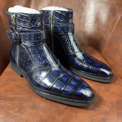 Crocodile Leather Men's Iridescent Navy Blue Buckle-Strap Ankle Boots BXS002 image 4