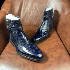 Crocodile Leather Men's Iridescent Navy Blue Buckle-Strap Ankle Boots BXS002 image 5