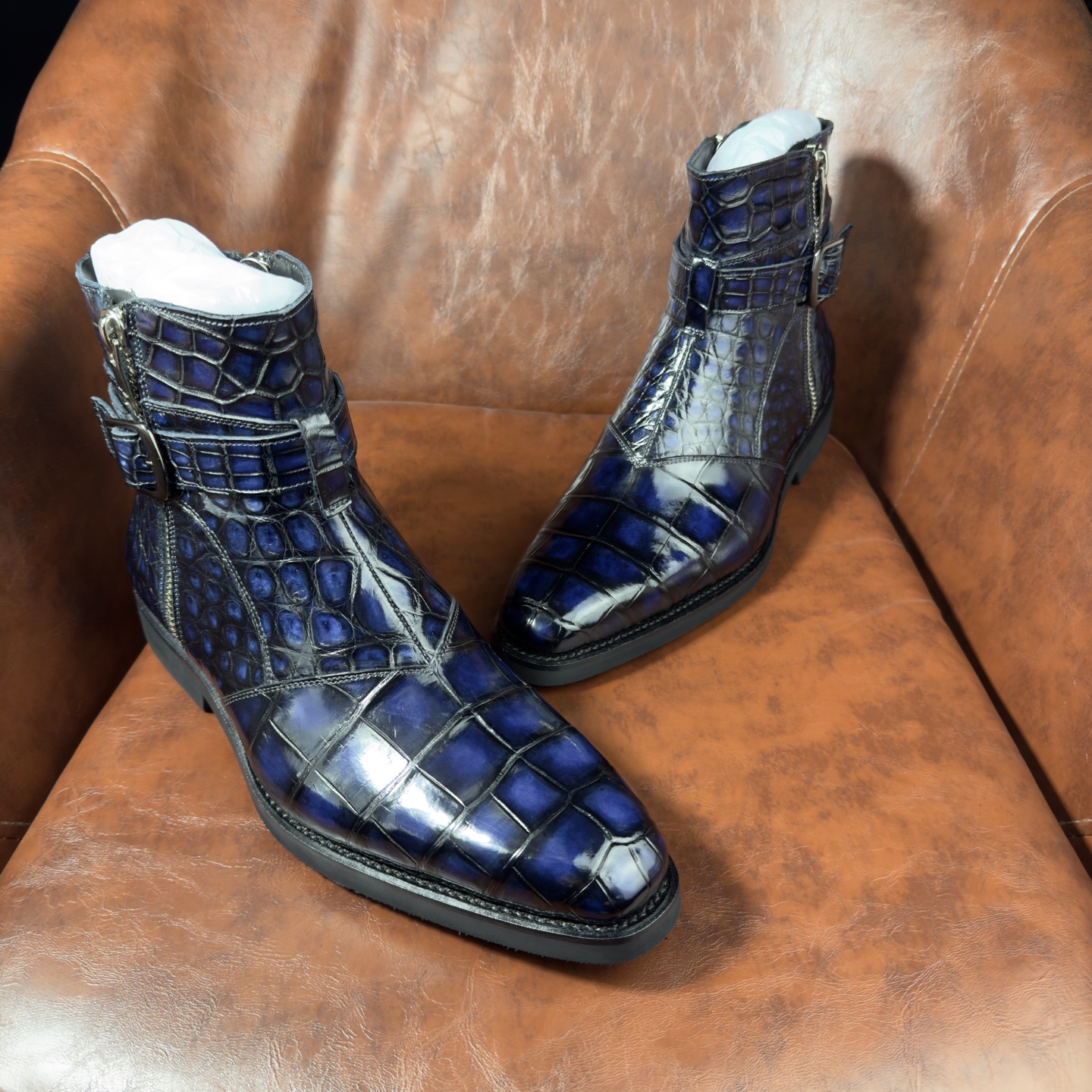 Crocodile Leather Men's Iridescent Navy Blue Buckle-Strap Ankle Boots BXS002 photo 5