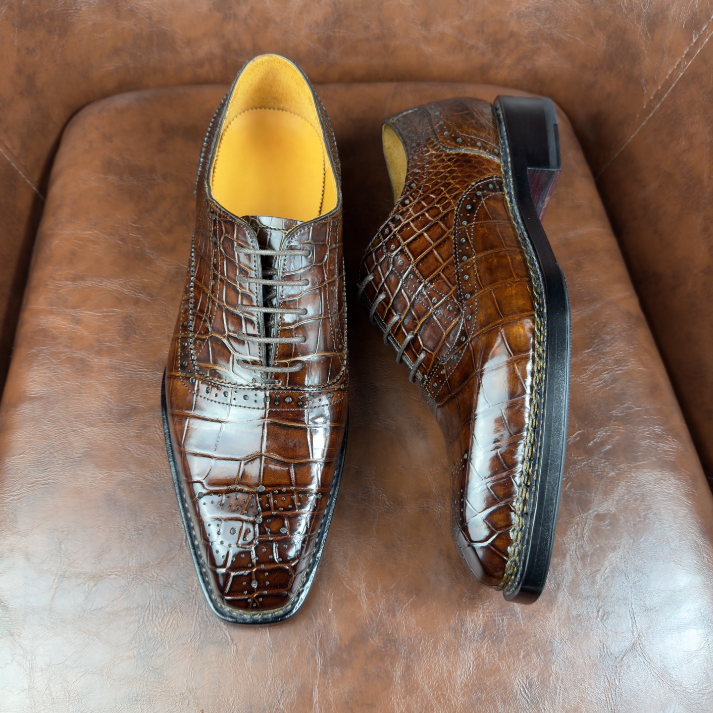 Crocodile Leather Brown Hand-Studded Norwegian Welt Oxford Shoes BXS003 image 2
