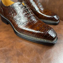 Crocodile Leather Brown Hand-Studded Norwegian Welt Oxford Shoes BXS003 image 3