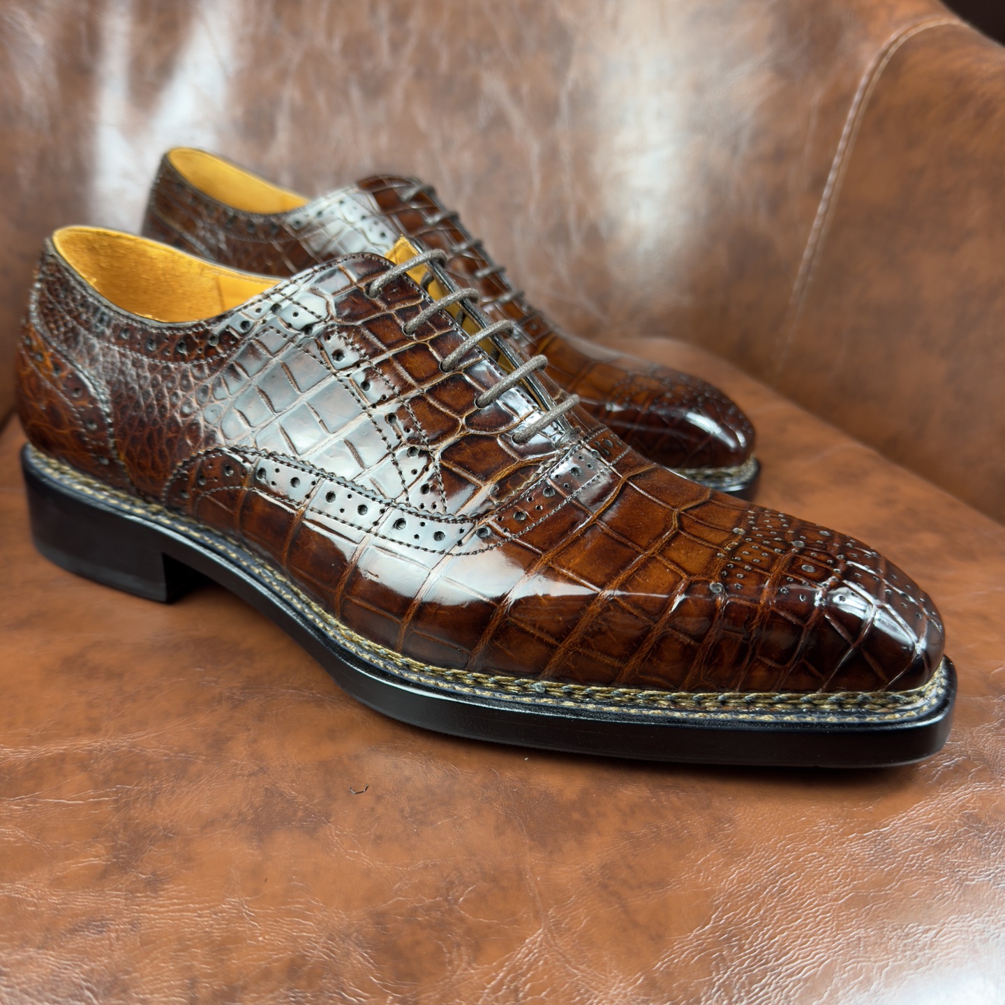 Crocodile Leather Brown Hand-Studded Norwegian Welt Oxford Shoes BXS003 image 5