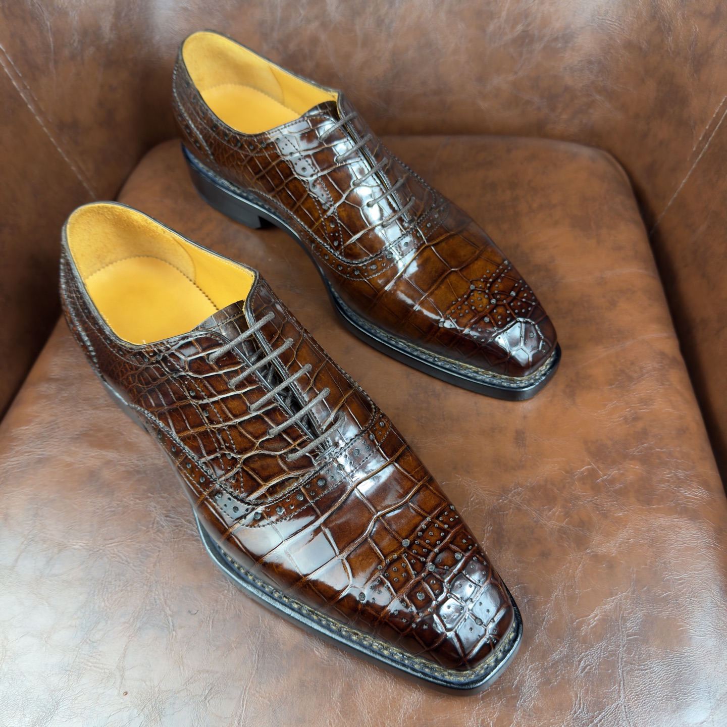 Crocodile Leather Brown Hand-Studded Norwegian Welt Oxford Shoes BXS003 image 6