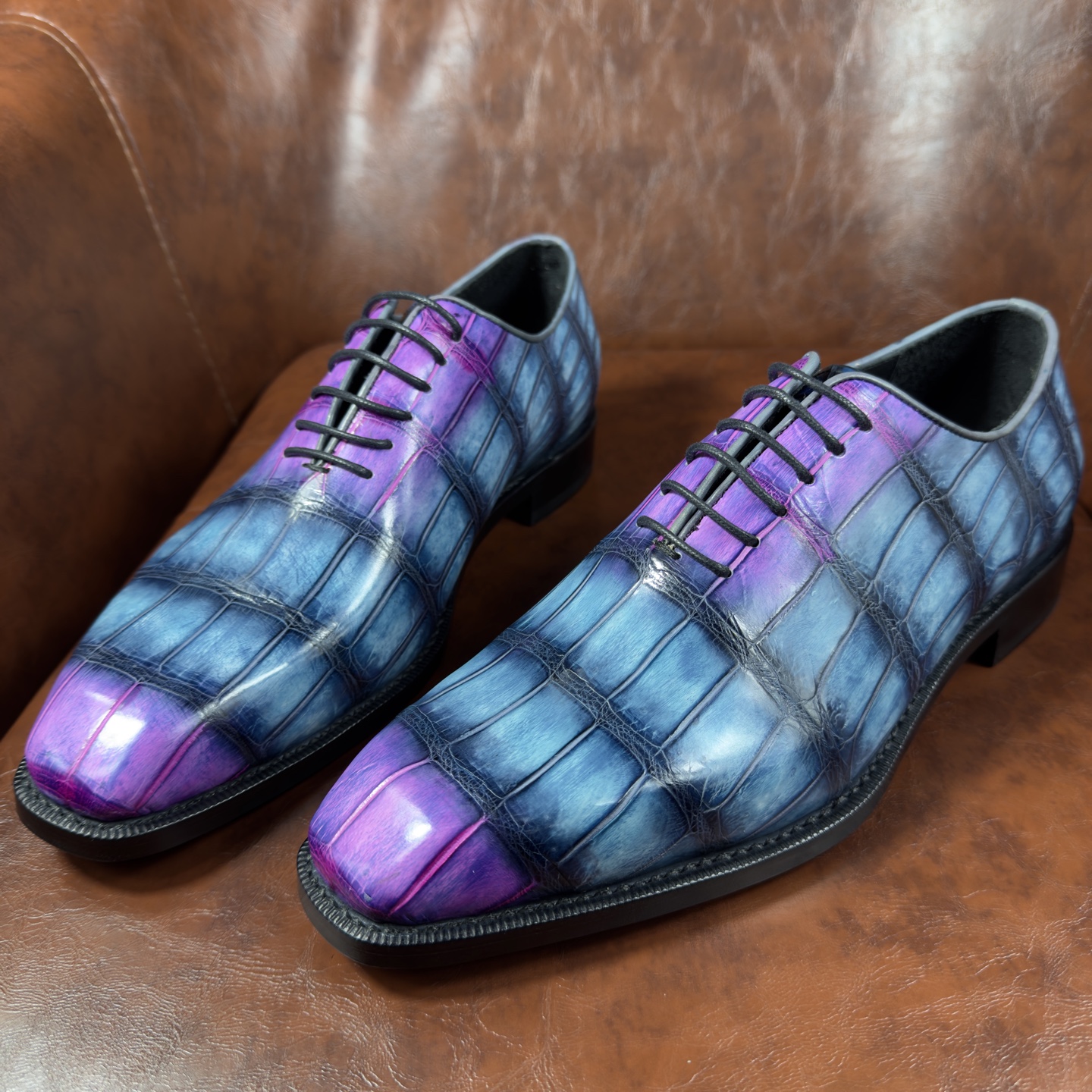 Crocodile Leather Iridescent Blue Purple Oxford Shoes BXS004 image 4