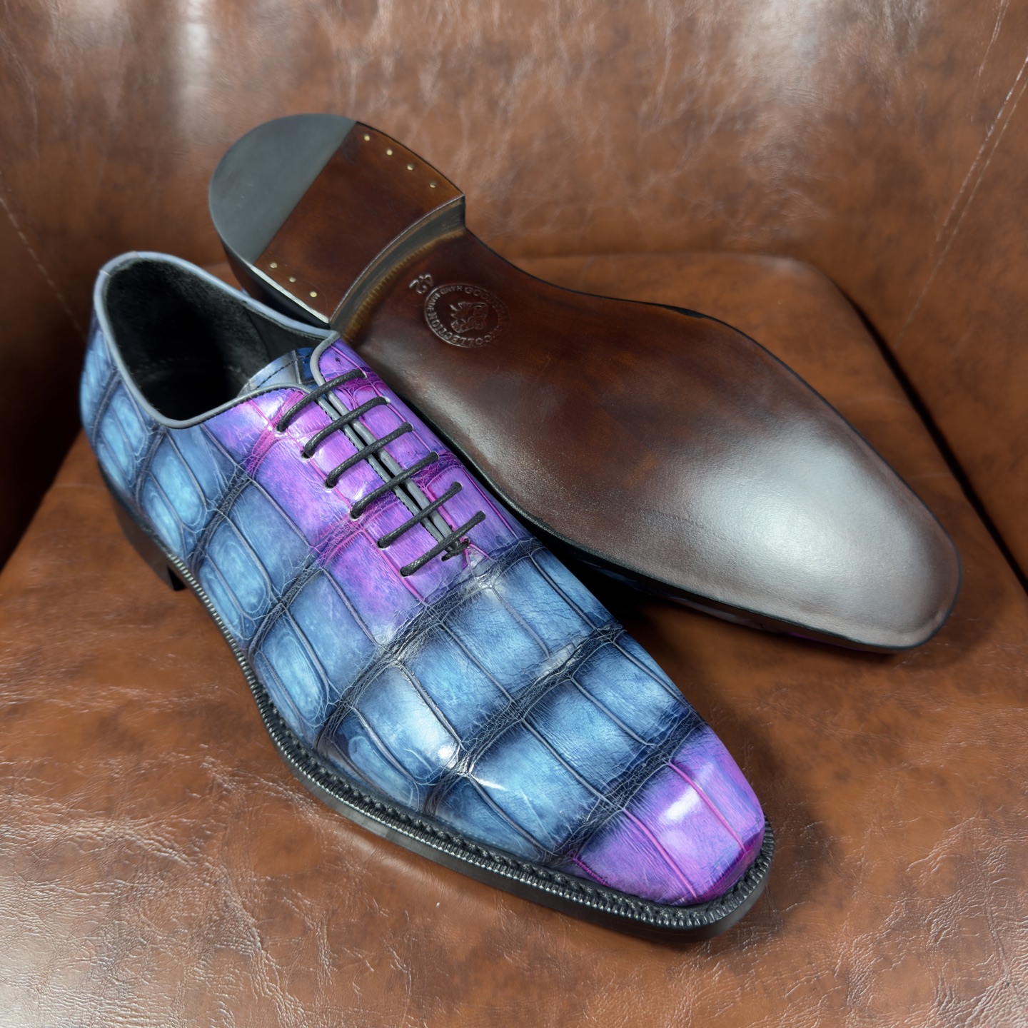 Crocodile Leather Iridescent Blue Purple Oxford Shoes BXS004 image 5