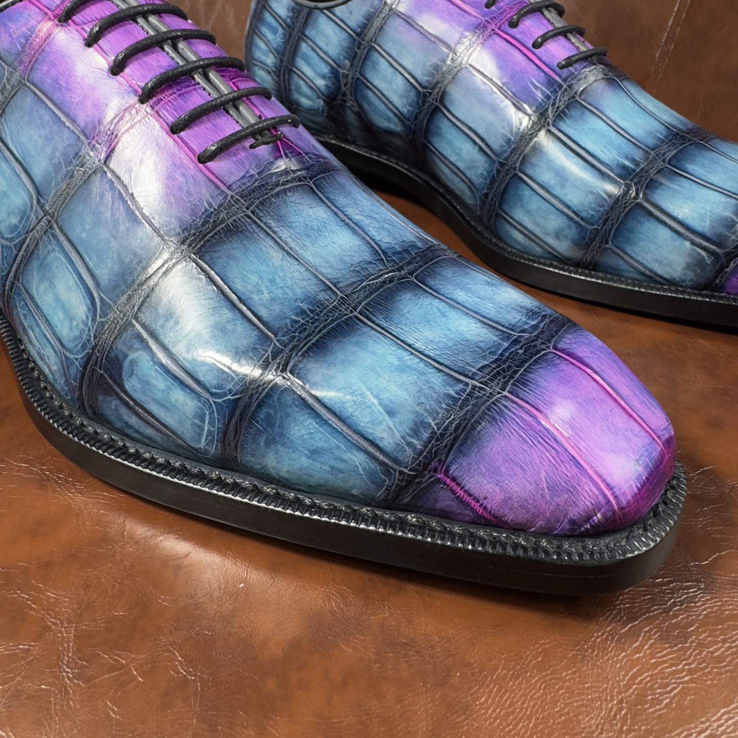 Crocodile Leather Iridescent Blue Purple Oxford Shoes BXS004 image 6