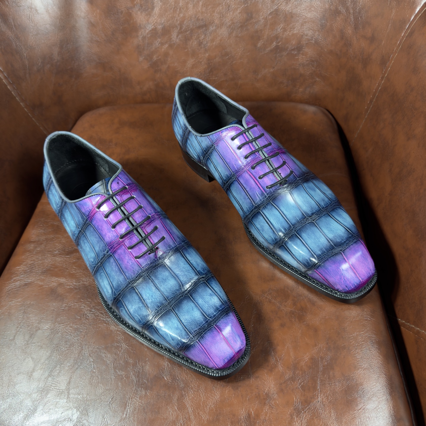 Crocodile Leather Iridescent Blue Purple Oxford Shoes BXS004 image 7