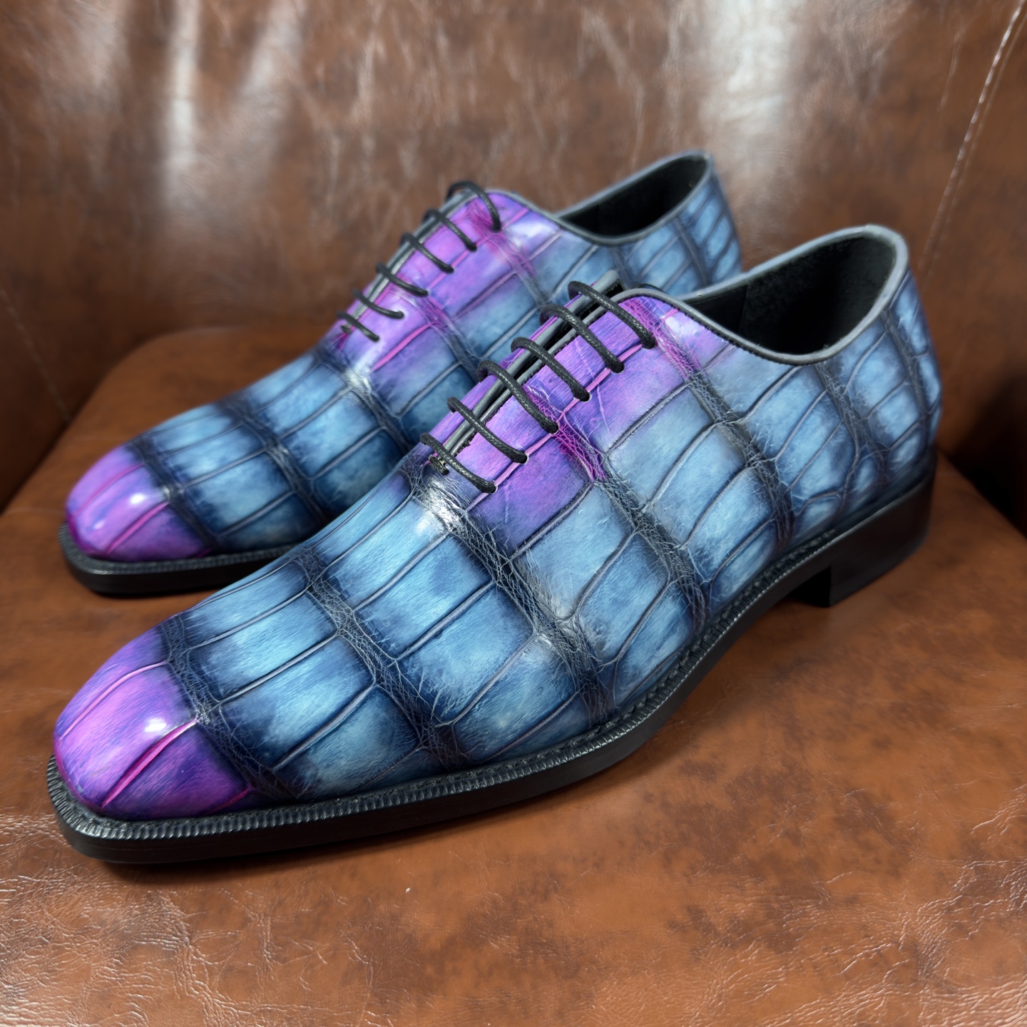 Crocodile Leather Iridescent Blue Purple Oxford Shoes BXS004 image 8