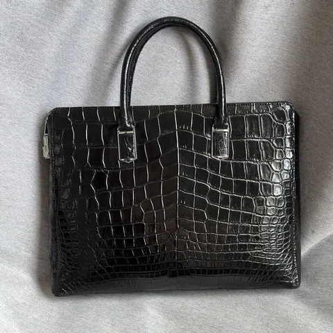 Crocodile Leather Black Glossy Zip-Top Briefcase HCB009