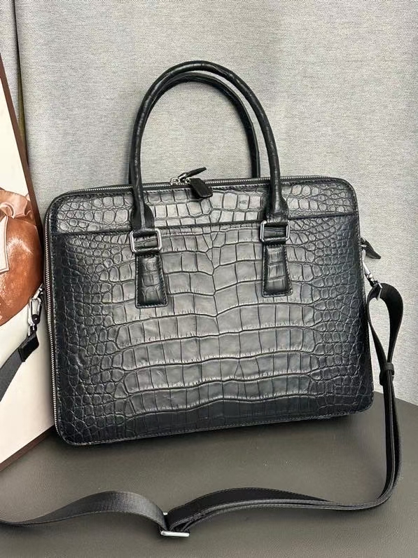 Crocodile Leather Black Glossy Zip-Top Briefcase HCB009 photo 6