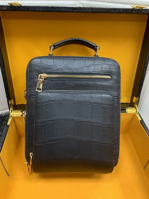 Crocodile Leather Men's Black Belly Cut and Hornback Sling Backpack HCB014