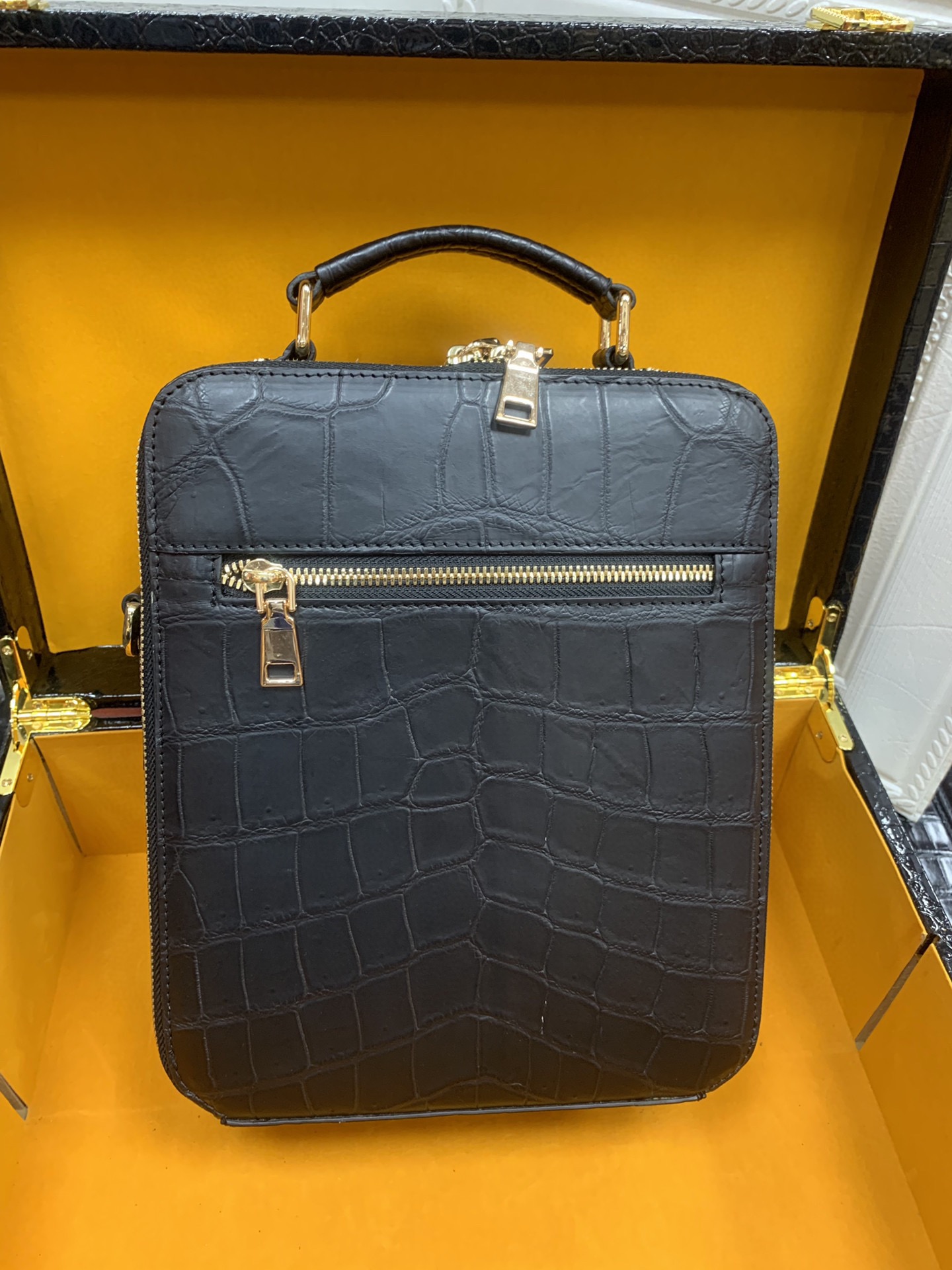 Crocodile Leather Men's Black Belly Cut and Hornback Sling Backpack HCB014 photo 3