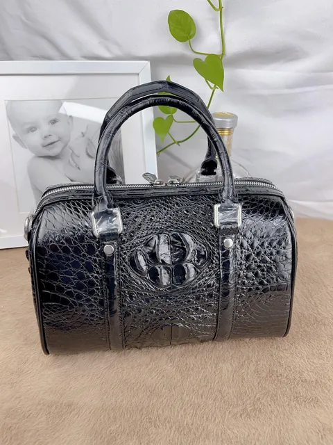 Crocodile Leather Black 27.5 x 17 x 15cm Glossy Double-Zip Pillow Bag HXB002