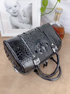 Crocodile Leather Black 27.5 x 17 x 15cm Glossy Double-Zip Pillow Bag HXB002 image 2