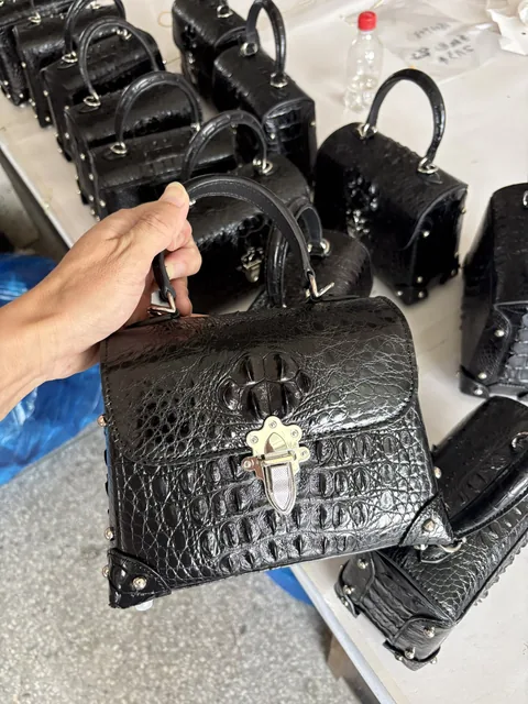 Crocodile Leather Black Glossy Structured Box Top Handle Bag HXB003